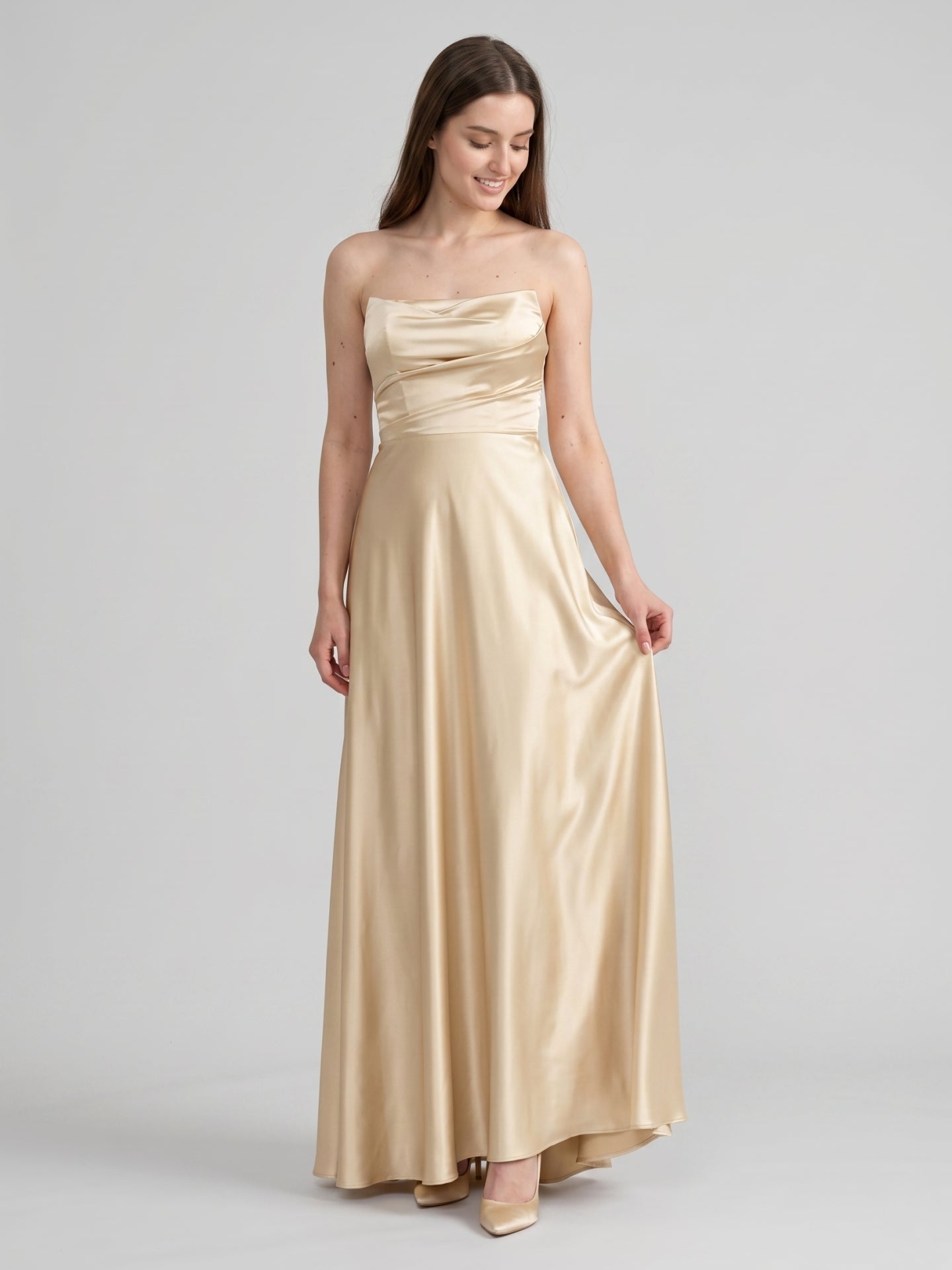 Elegant Champagne Satin A-Line Strapless Backless PleatedDetail Ankle-Length Bridesmaid Dress
