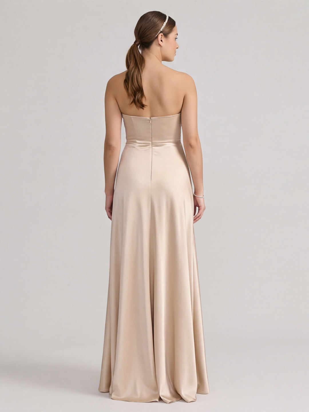 Elegant Champagne Satin A-Line Strapless Backless PleatedDetail Ankle-Length Bridesmaid Dress