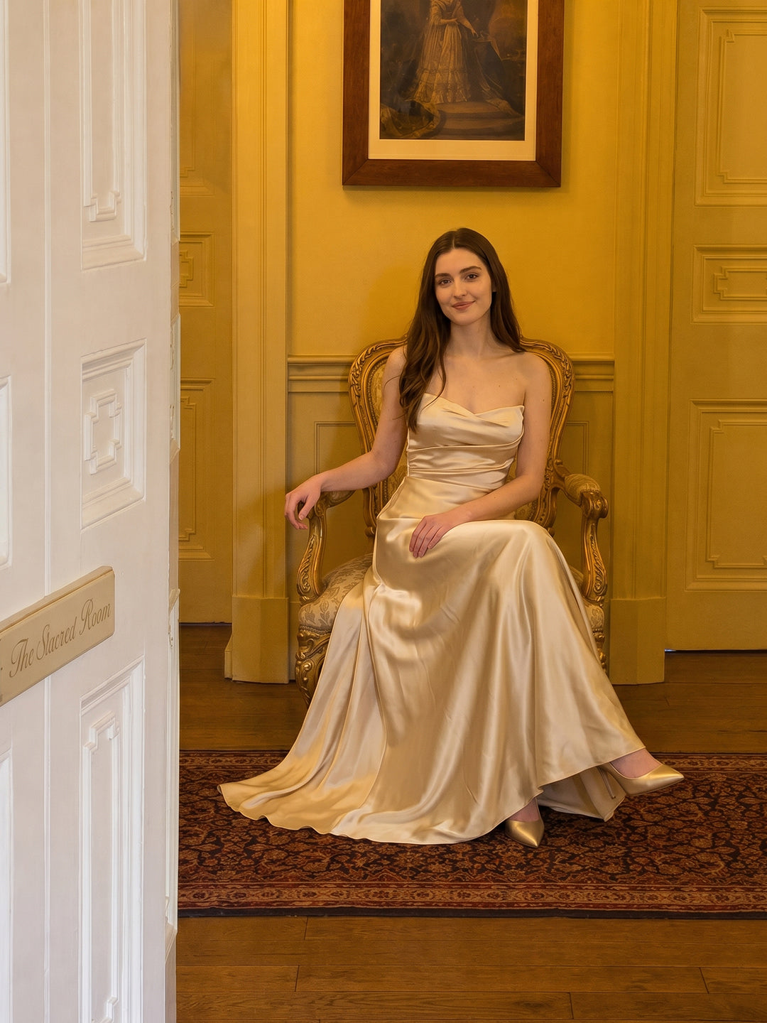 Elegant Champagne Satin A-Line Strapless Backless PleatedDetail Ankle-Length Bridesmaid Dress