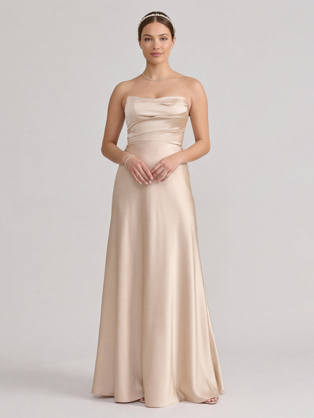 Elegant Champagne Satin A-Line Strapless Backless PleatedDetail Ankle-Length Bridesmaid Dress