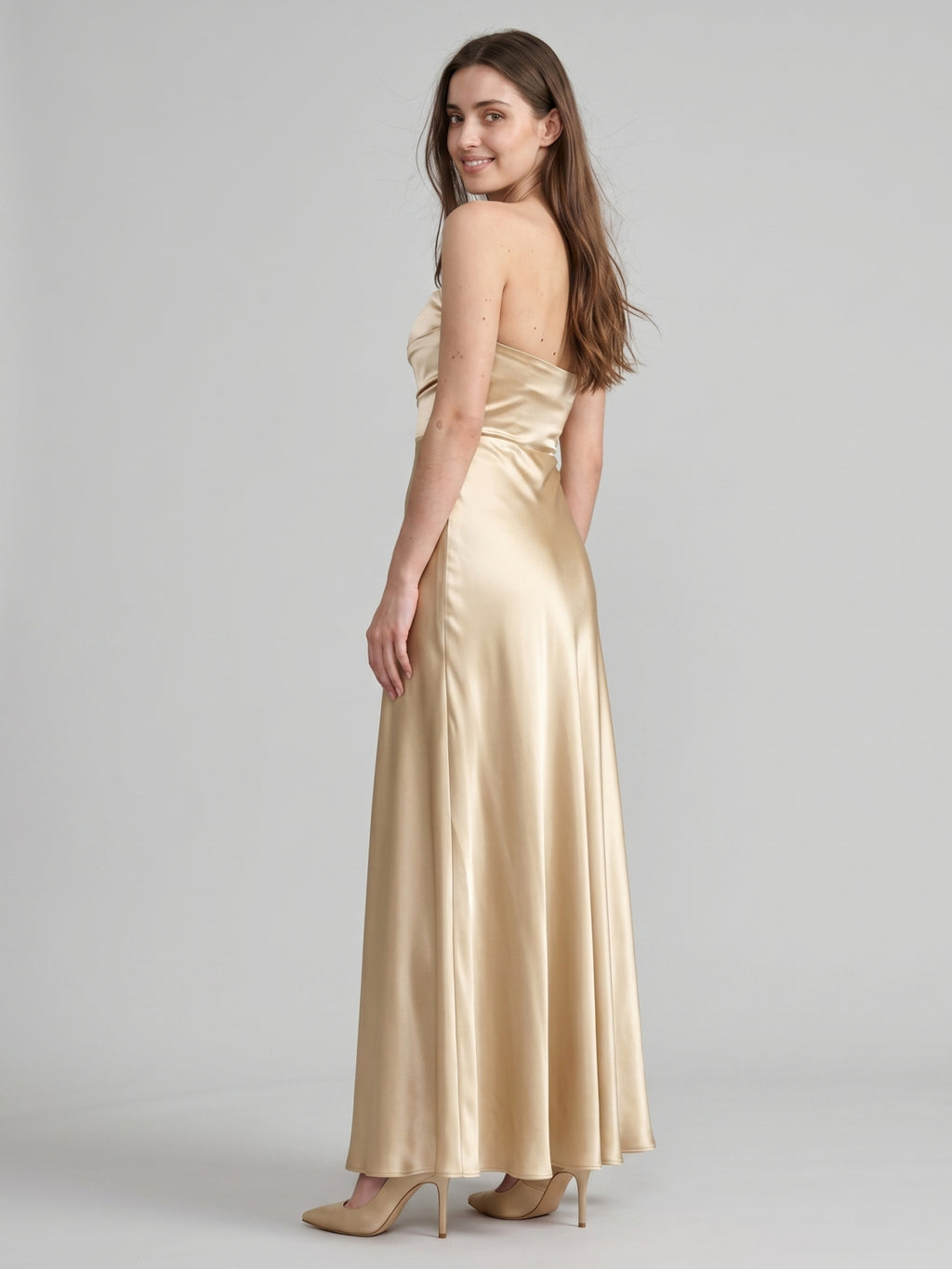 Elegant Champagne Satin A-Line Strapless Backless PleatedDetail Ankle-Length Bridesmaid Dress