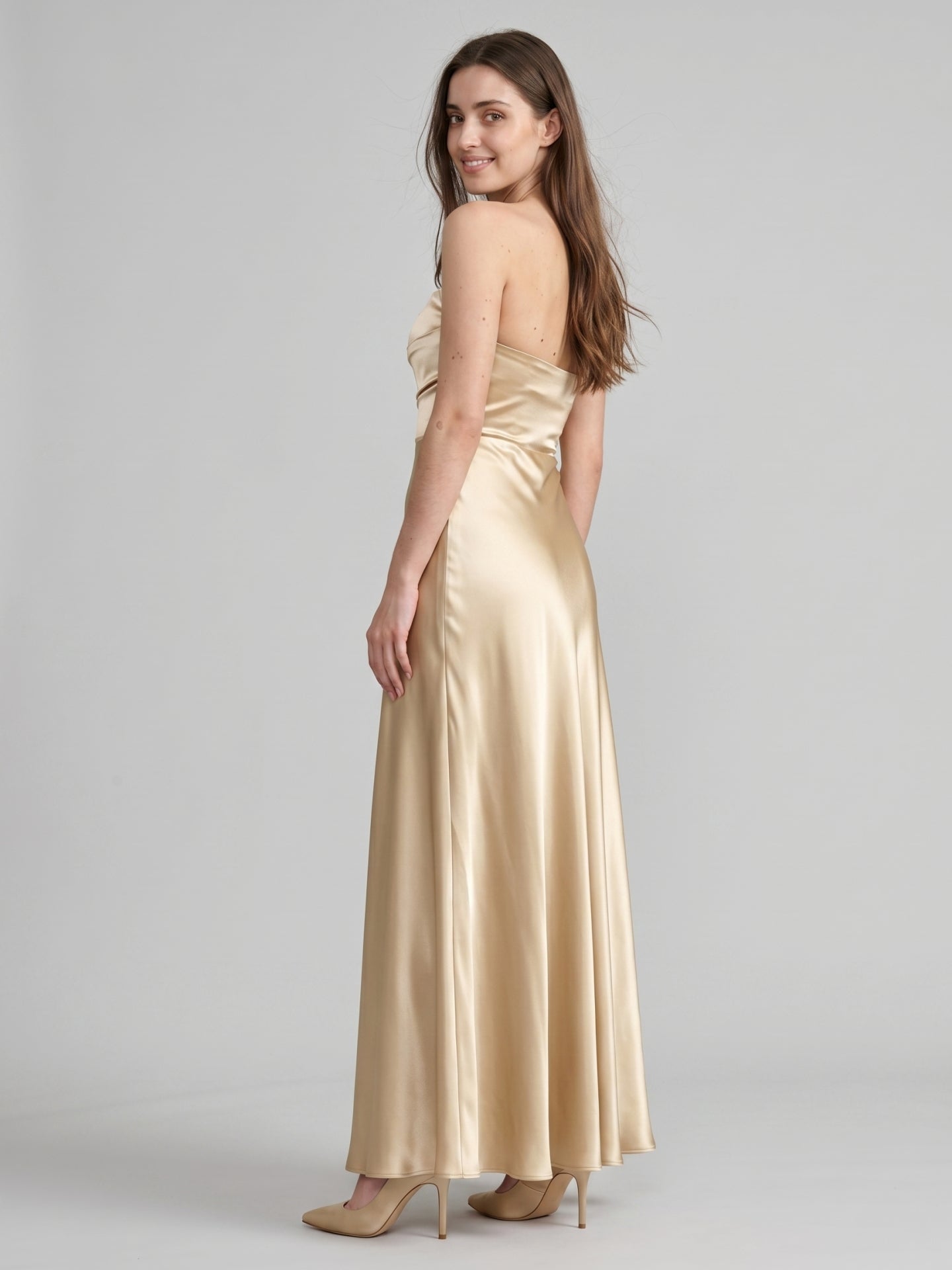 Elegant Champagne Satin A-Line Strapless Backless PleatedDetail Ankle-Length Bridesmaid Dress