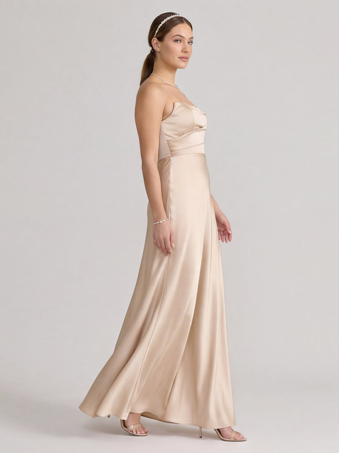 Elegant Champagne Satin A-Line Strapless Backless PleatedDetail Ankle-Length Bridesmaid Dress