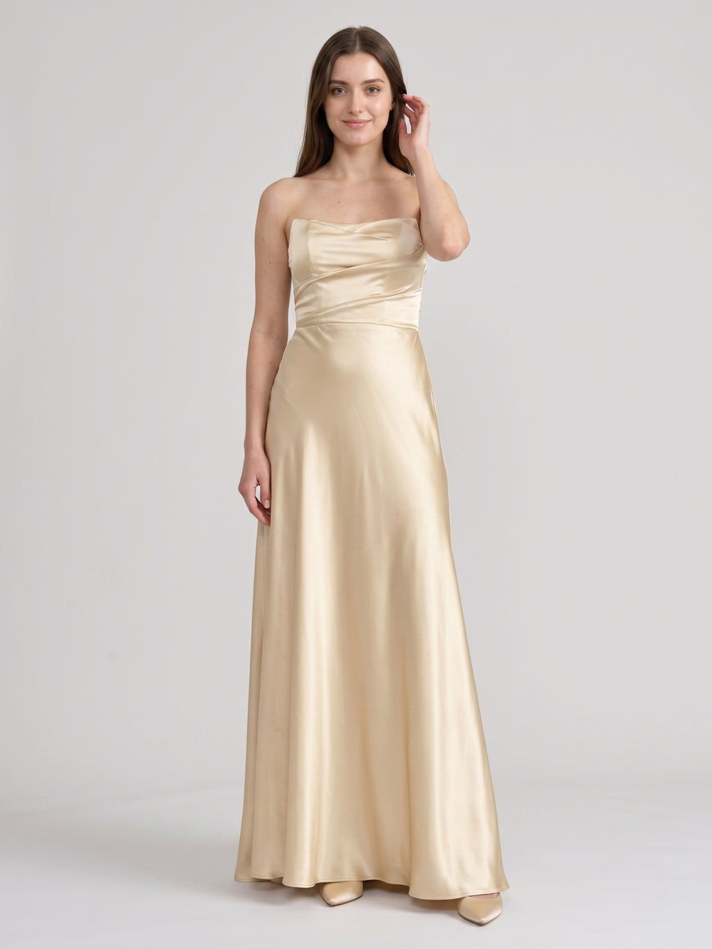 Elegant Champagne Satin A-Line Strapless Backless PleatedDetail Ankle-Length Bridesmaid Dress