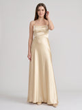 Elegant Champagne Satin A-Line Strapless Backless PleatedDetail Ankle-Length Bridesmaid Dress