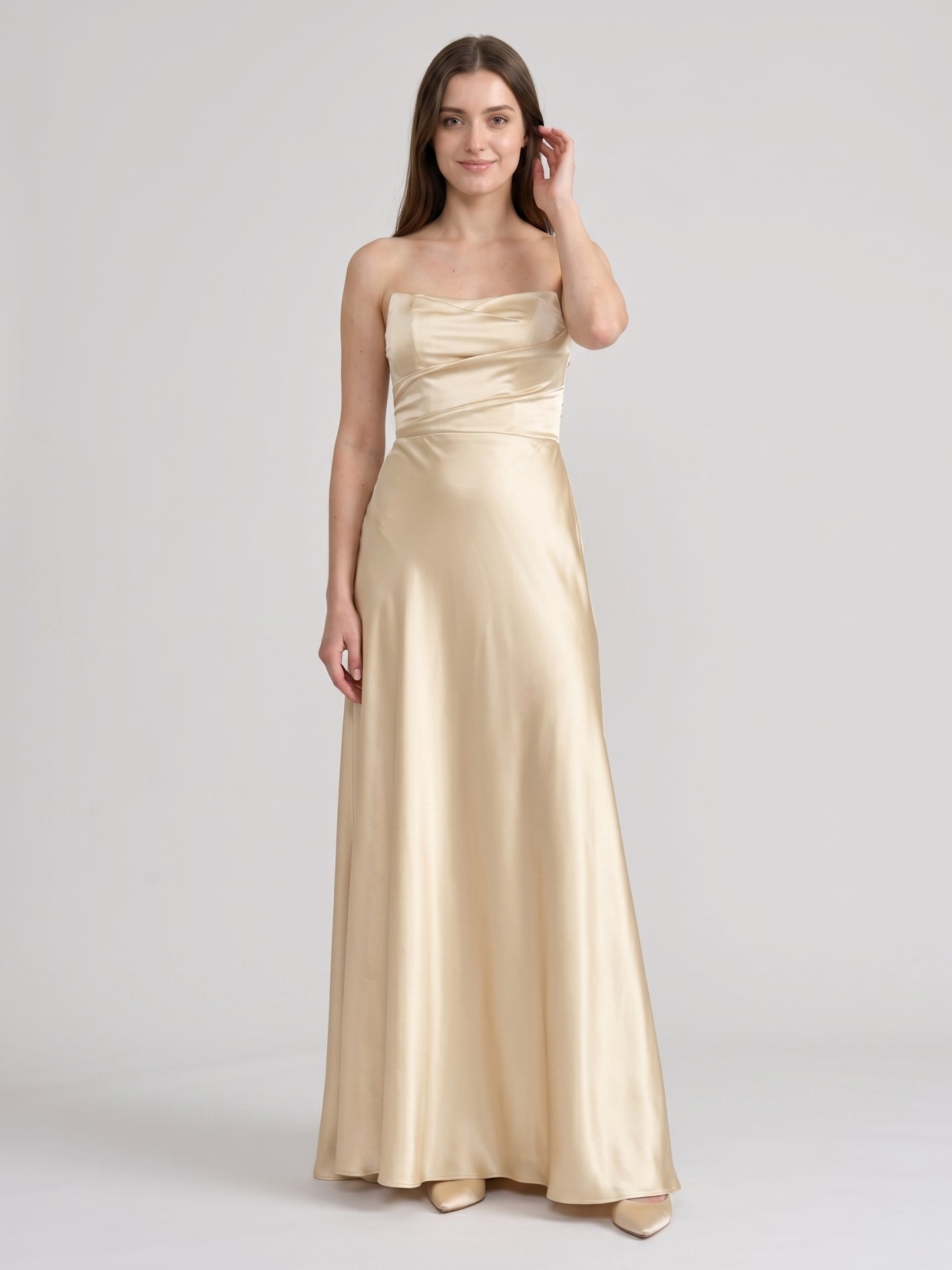 Elegant Champagne Satin A-Line Strapless Backless PleatedDetail Ankle-Length Bridesmaid Dress
