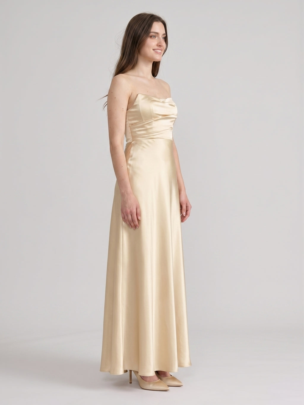 Elegant Champagne Satin A-Line Strapless Backless PleatedDetail Ankle-Length Bridesmaid Dress