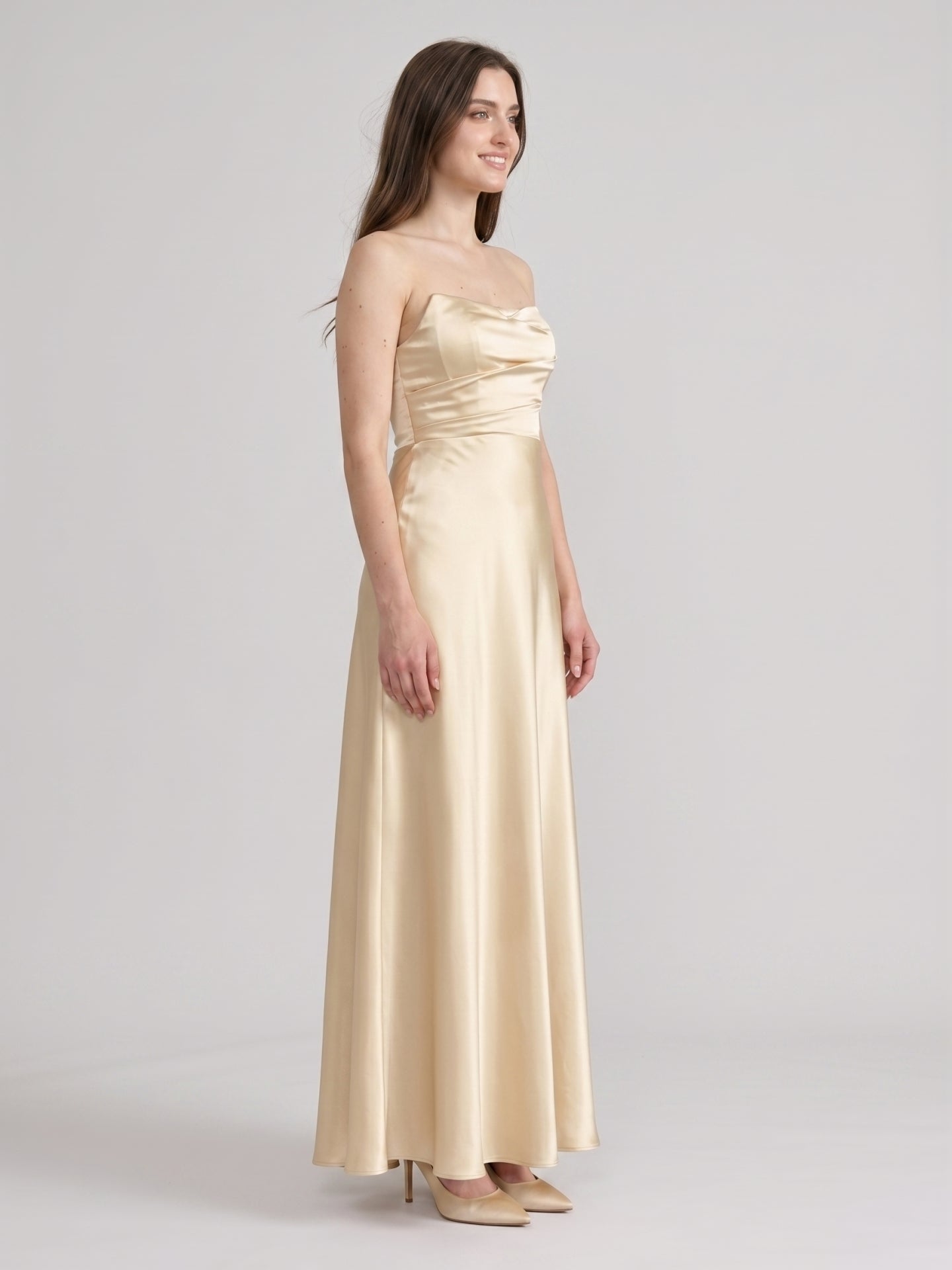 Elegant Champagne Satin A-Line Strapless Backless PleatedDetail Ankle-Length Bridesmaid Dress