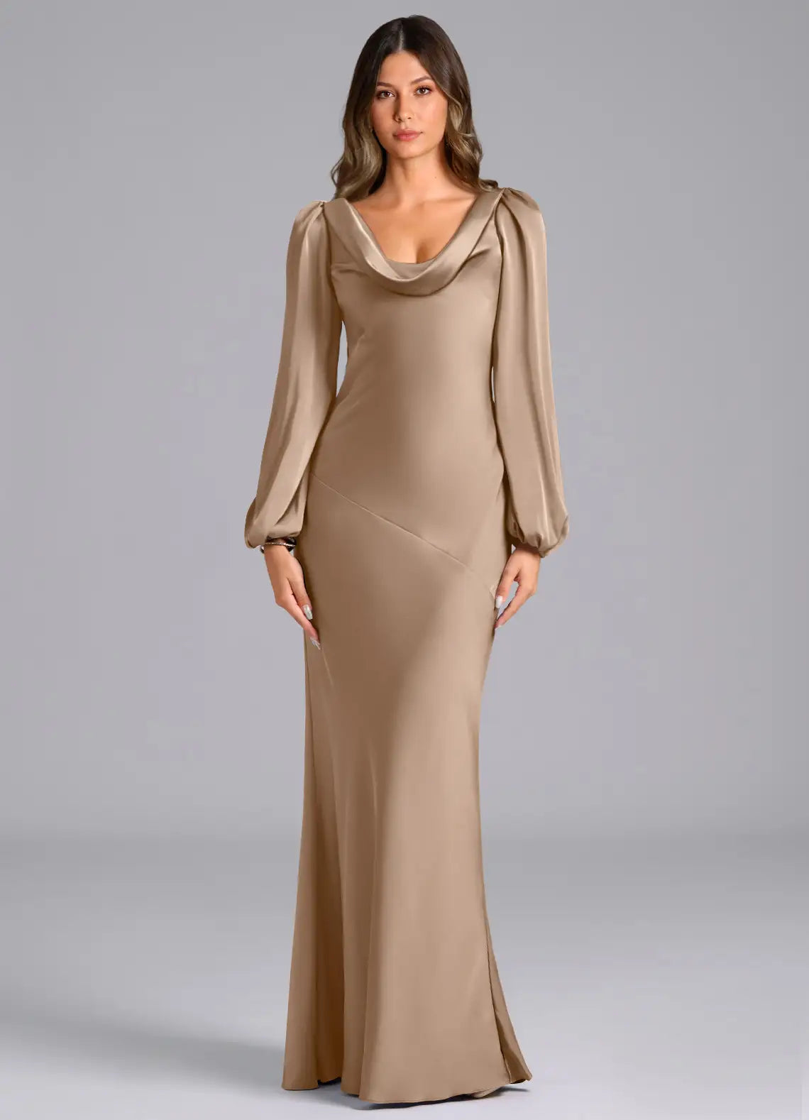 Elegant Champagne Satin Bridesmaid Dresses with Cowl Neck, Puff Sleeves, Open Back and Flowing Maxi Silhouette Formal Gown