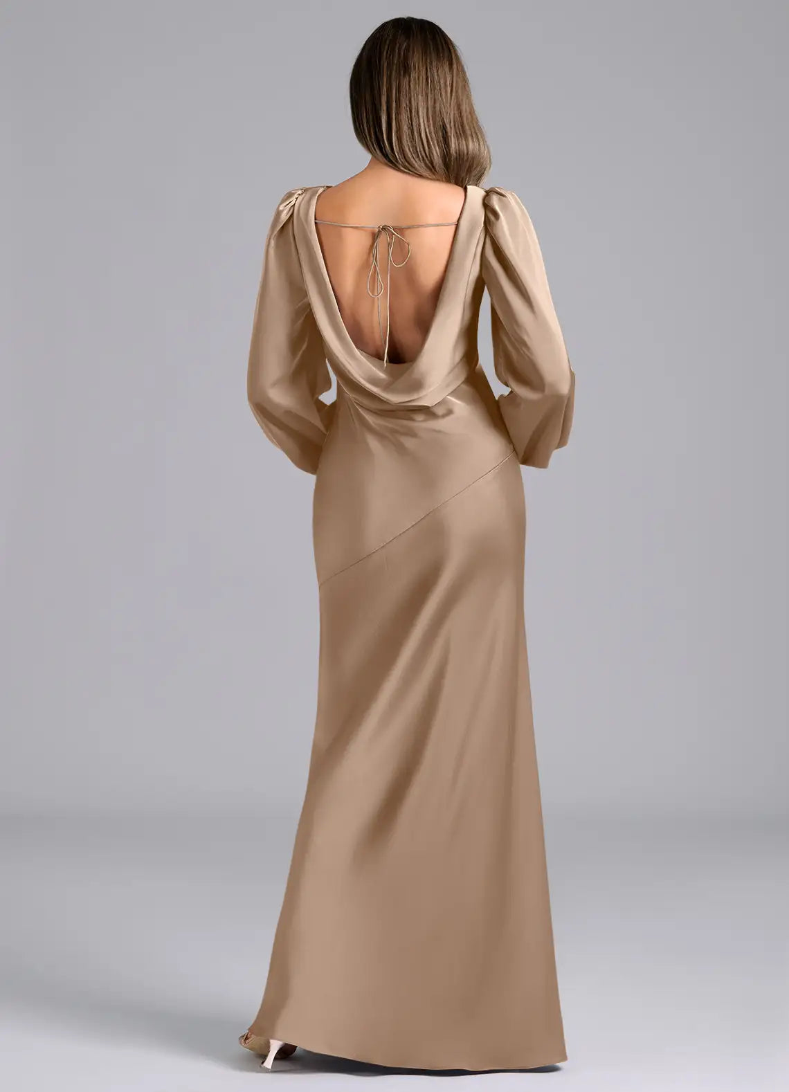 Elegant Champagne Satin Bridesmaid Dresses with Cowl Neck, Puff Sleeves, Open Back and Flowing Maxi Silhouette Formal Gown