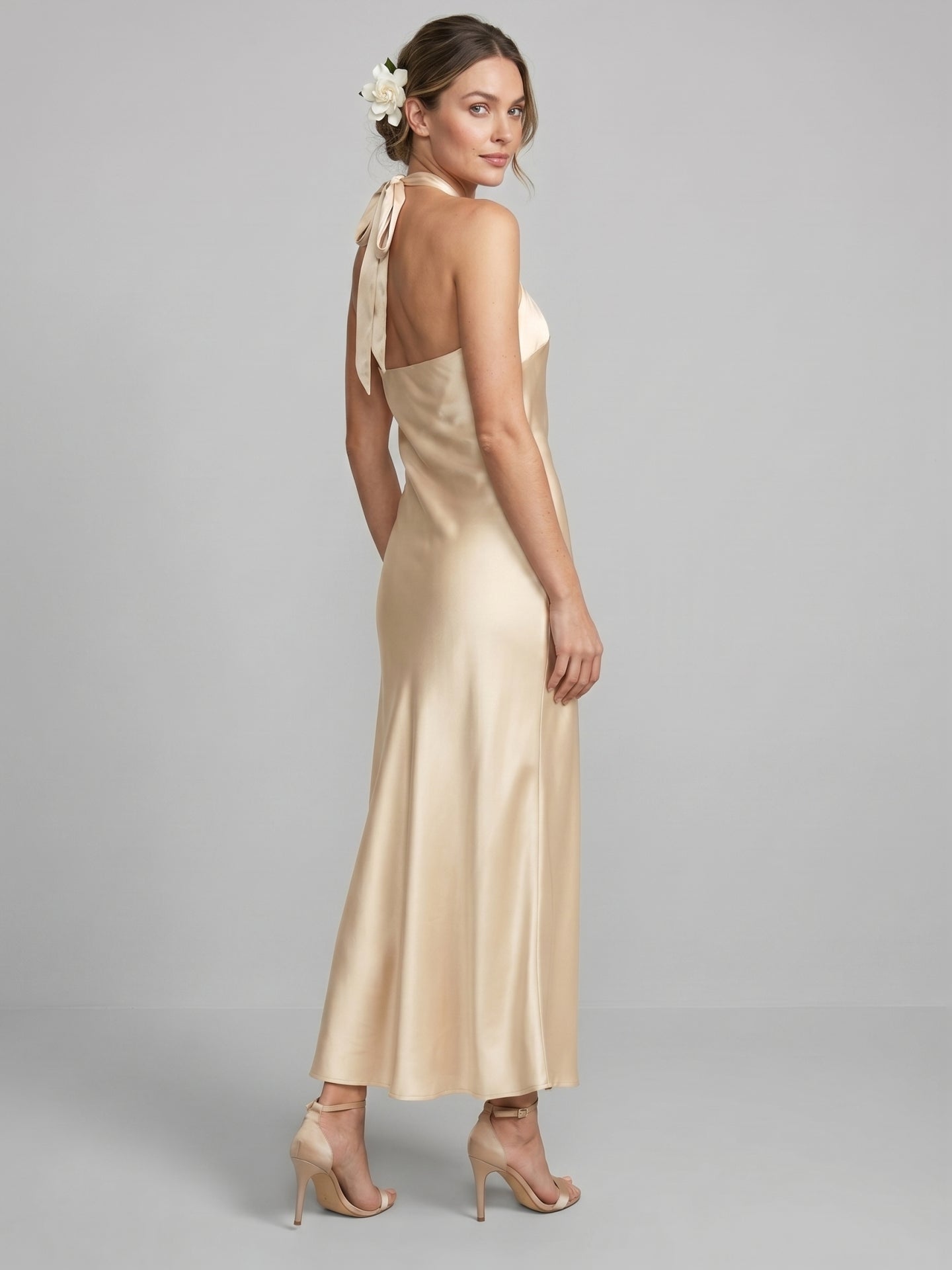 Elegant Champagne Satin Sheath Halter neckline Backless Ankle-Length Bridesmaid Dress
