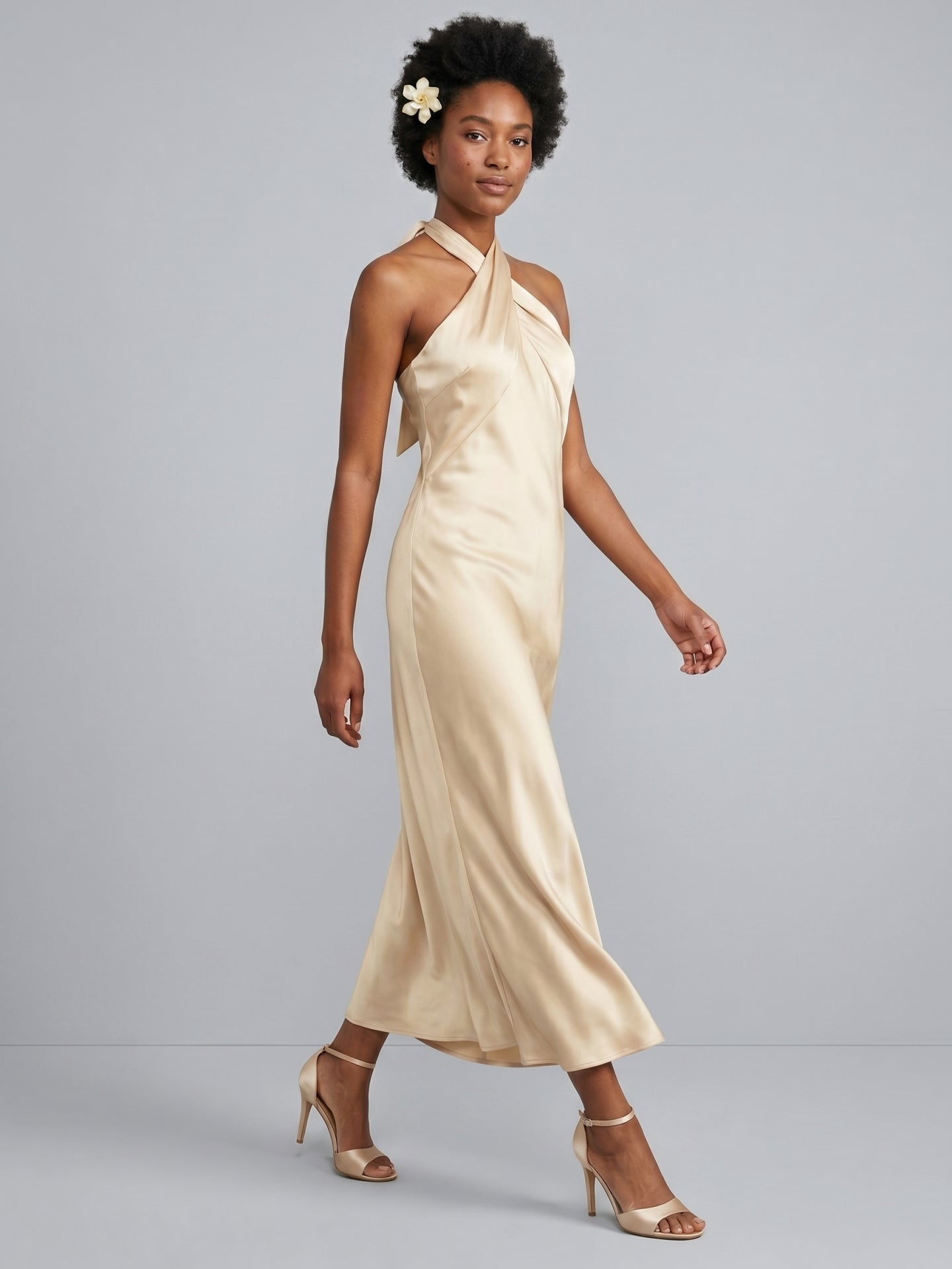 Elegant Champagne Satin Sheath Halter neckline Backless Ankle-Length Bridesmaid Dress