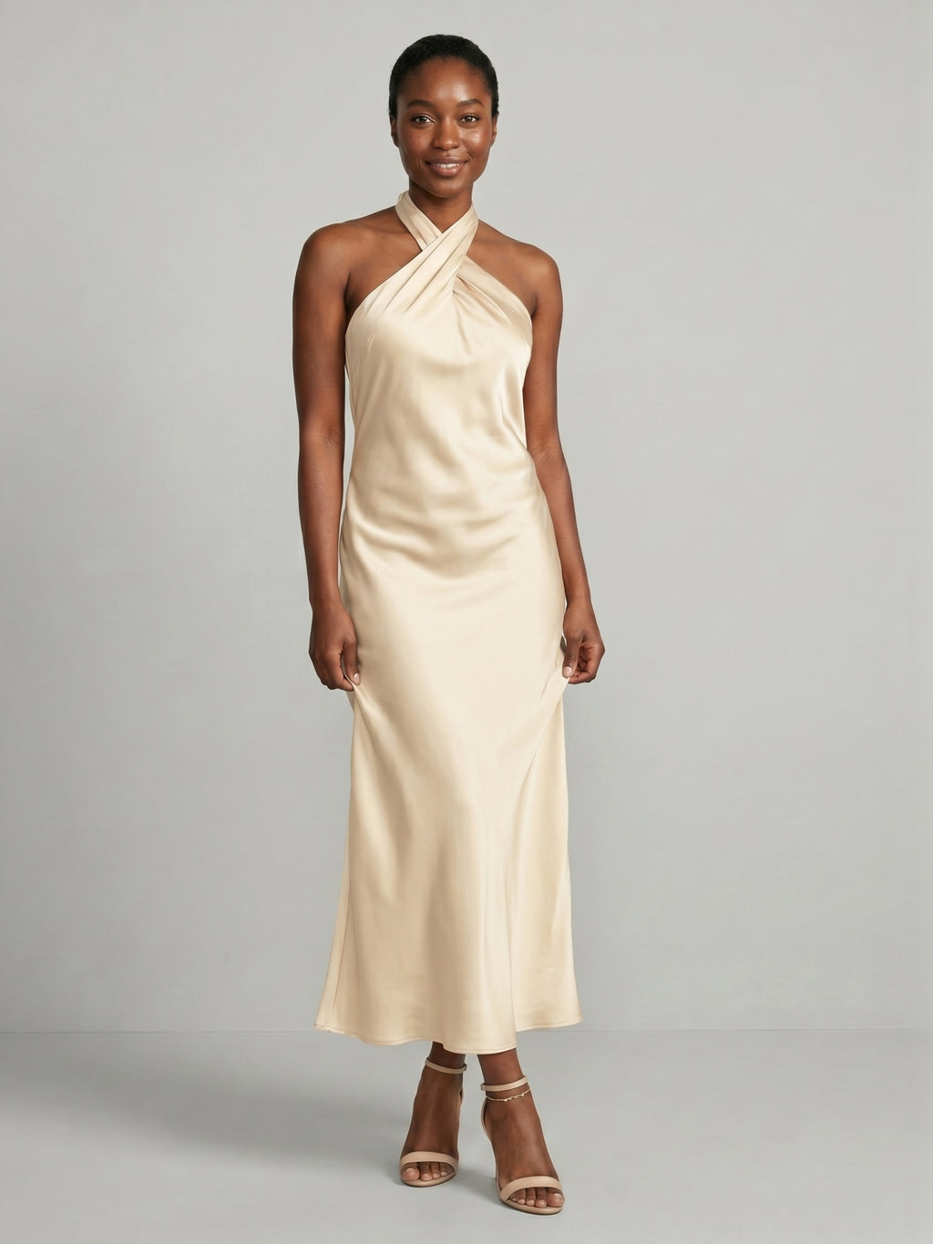 Elegant Champagne Satin Sheath Halter neckline Backless Ankle-Length Bridesmaid Dress