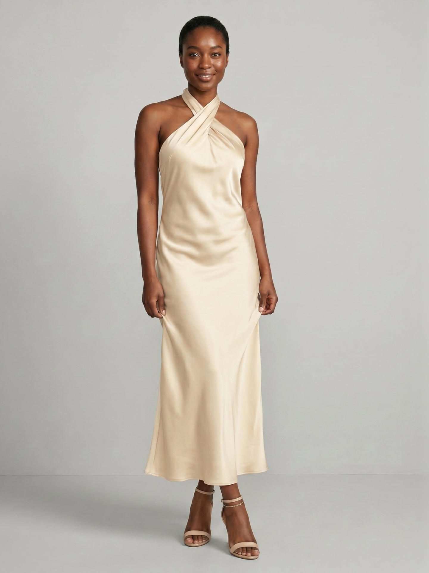Elegant Champagne Satin Sheath Halter neckline Backless Ankle-Length Bridesmaid Dress