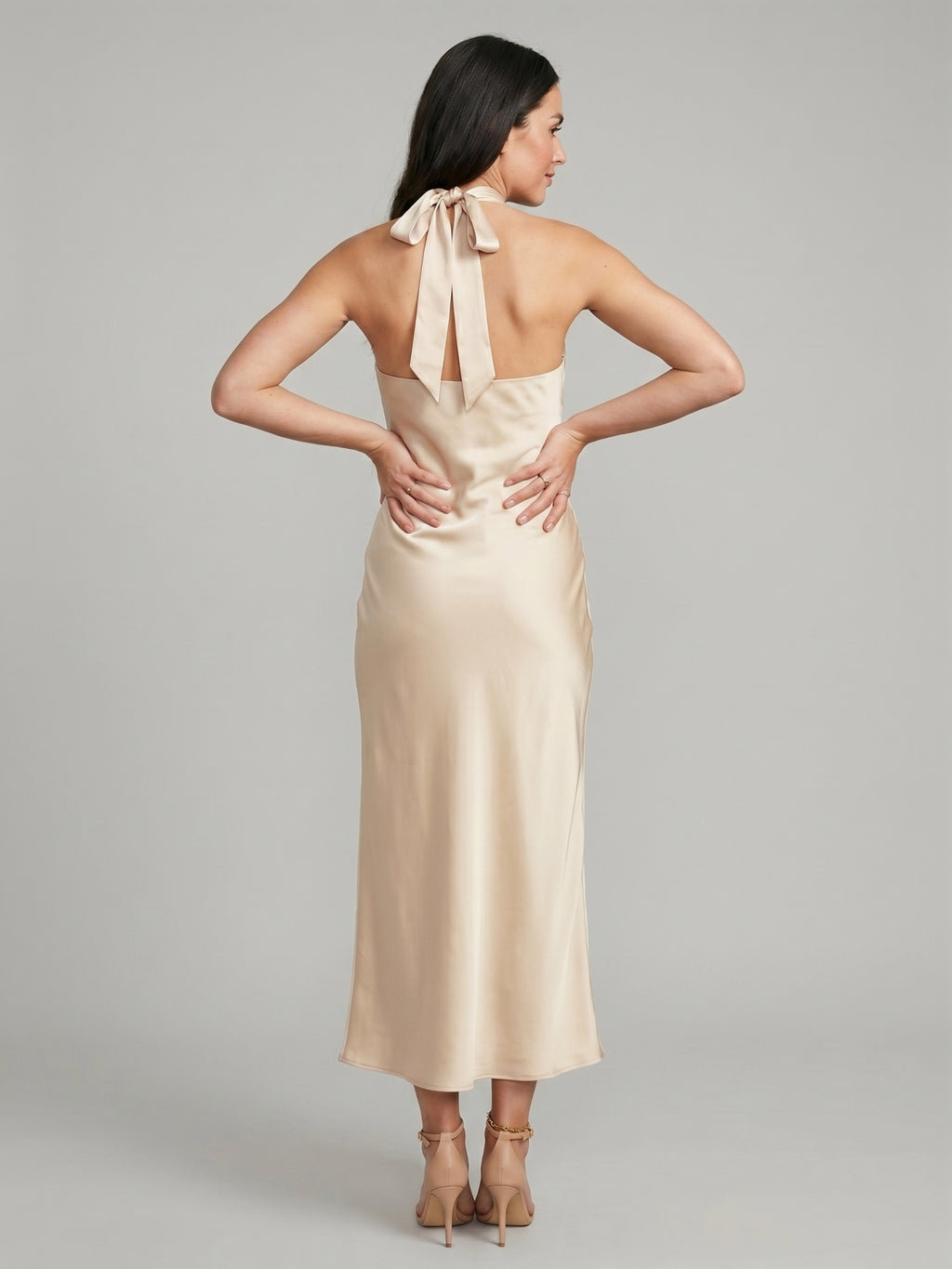 Elegant Champagne Satin Sheath Halter neckline Backless Ankle-Length Bridesmaid Dress