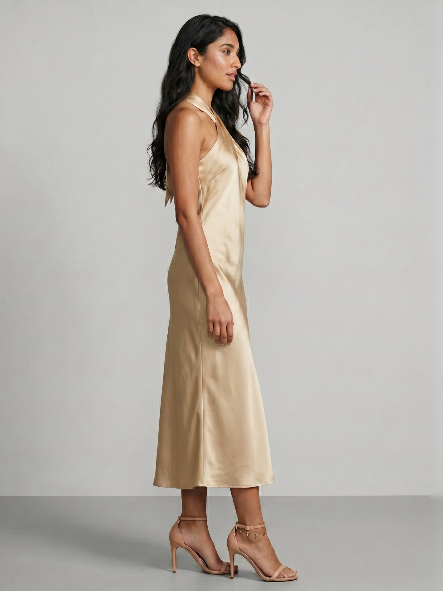 Elegant Champagne Satin Sheath Halter neckline Backless Ankle-Length Bridesmaid Dress