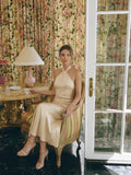 Elegant Champagne Satin Sheath Halter neckline Backless Ankle-Length Bridesmaid Dress