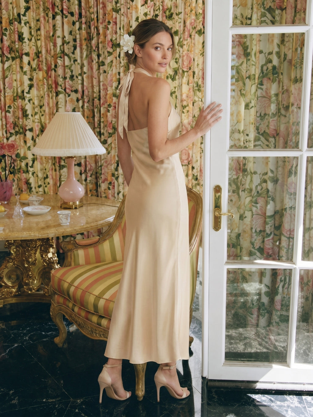 Elegant Champagne Satin Sheath Halter neckline Backless Ankle-Length Bridesmaid Dress
