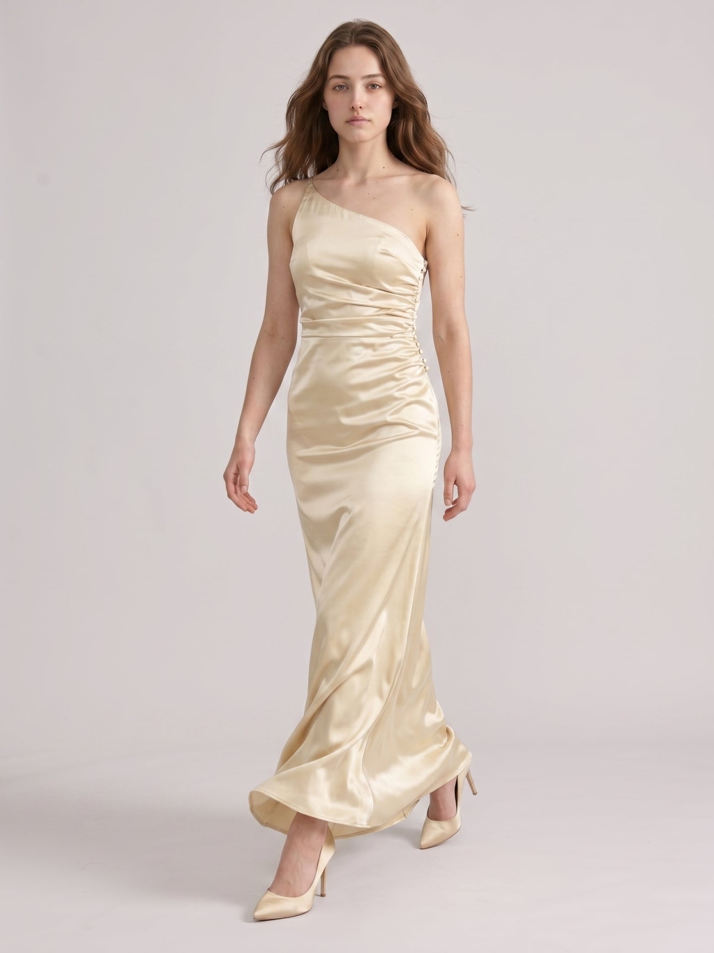 Elegant Champagne Satin Sheath One Shoulder Back Zip Ankle-Length Bridesmaid Dress