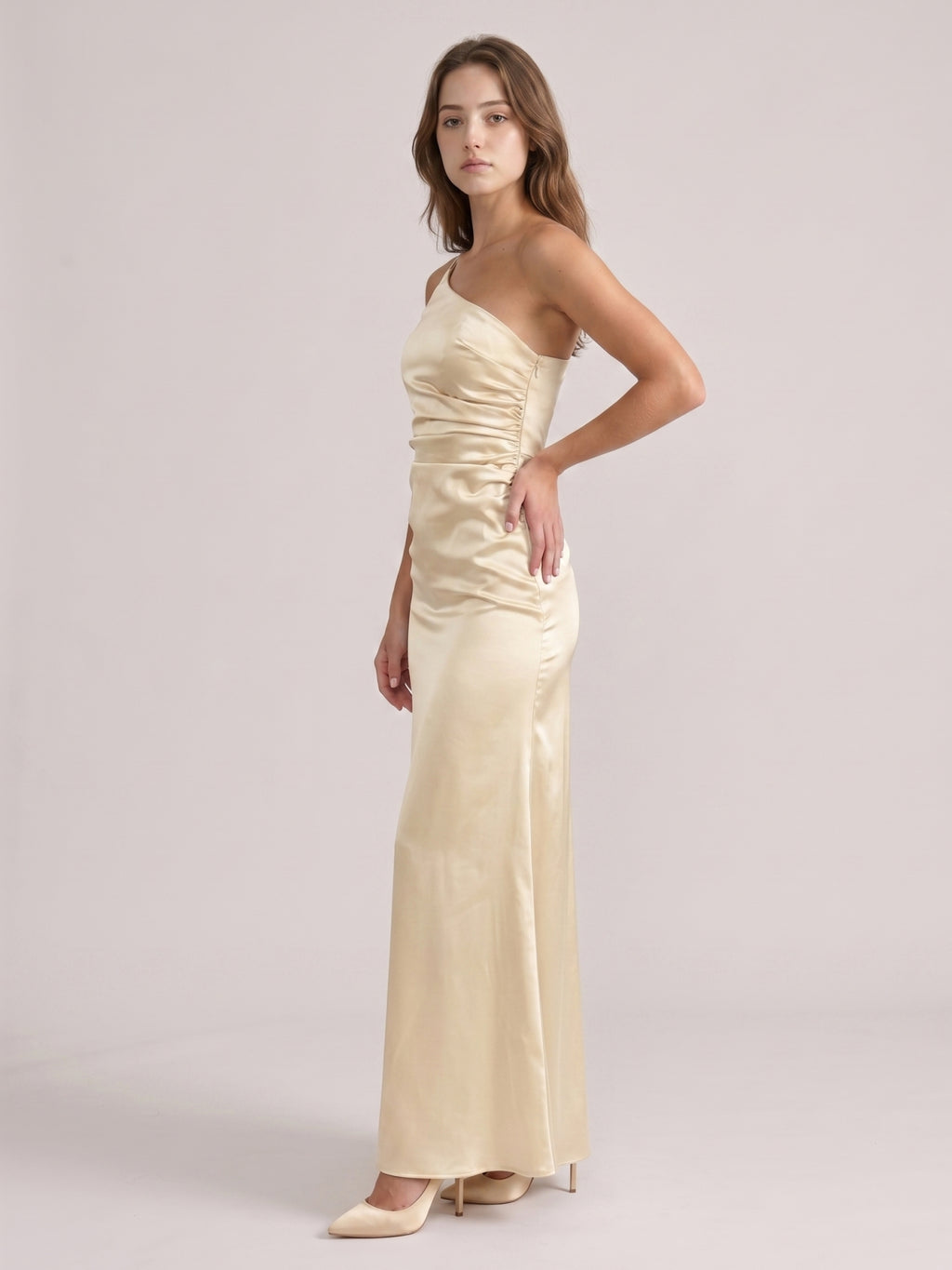 Elegant Champagne Satin Sheath One Shoulder Back Zip Ankle-Length Bridesmaid Dress