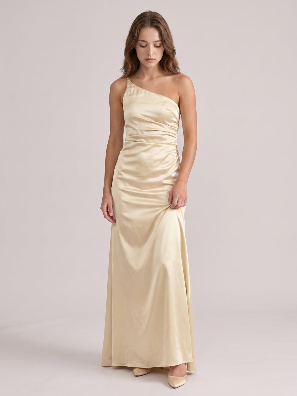 Elegant Champagne Satin Sheath One Shoulder Back Zip Ankle-Length Bridesmaid Dress