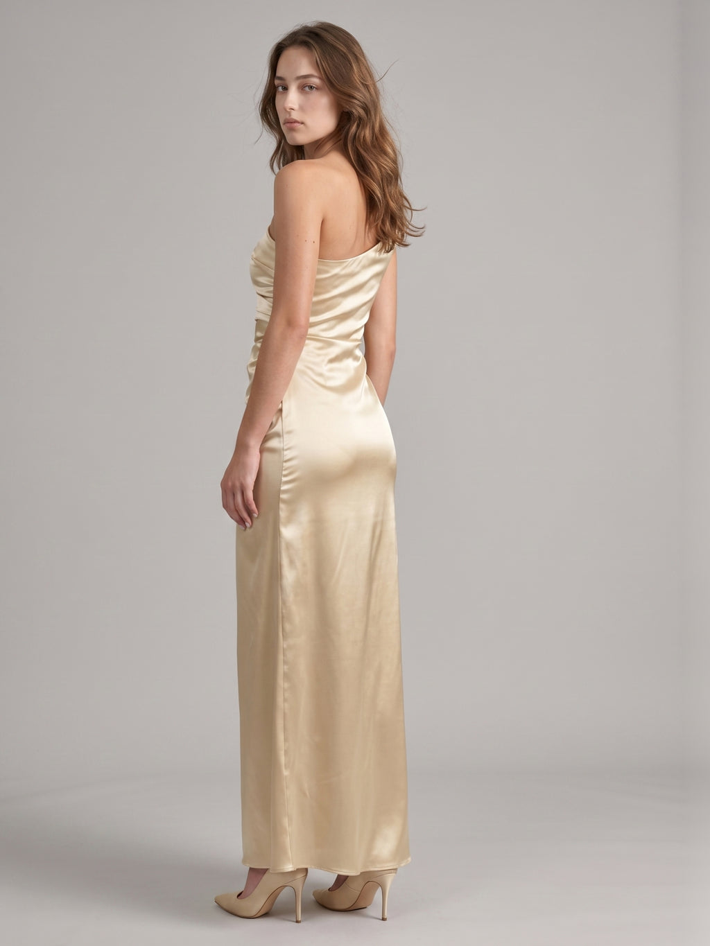 Elegant Champagne Satin Sheath One Shoulder Back Zip Ankle-Length Bridesmaid Dress