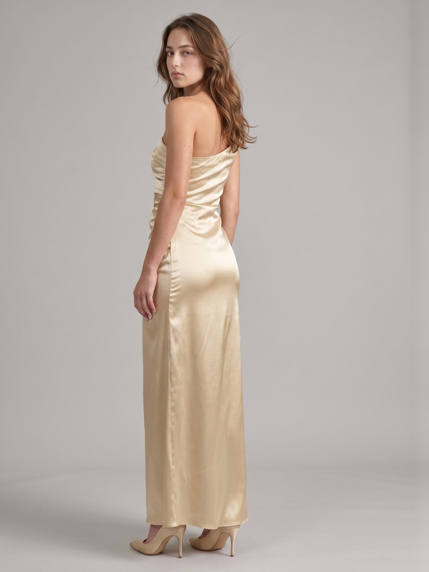 Elegant Champagne Satin Sheath One Shoulder Back Zip Ankle-Length Bridesmaid Dress