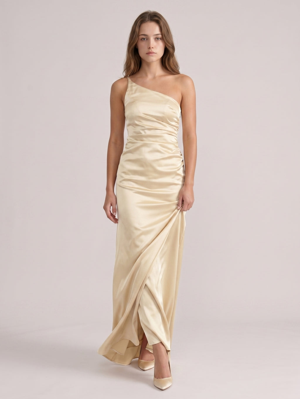 Elegant Champagne Satin Sheath One Shoulder Back Zip Ankle-Length Bridesmaid Dress