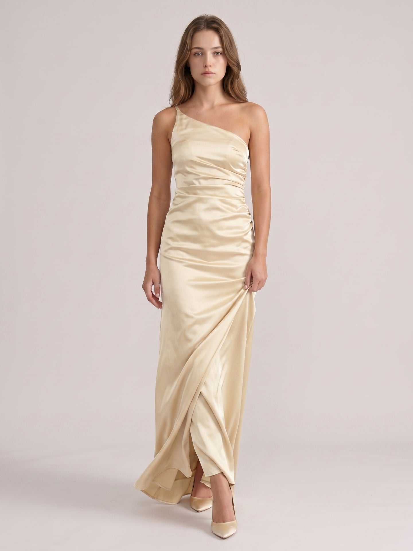 Elegant Champagne Satin Sheath One Shoulder Back Zip Ankle-Length Bridesmaid Dress