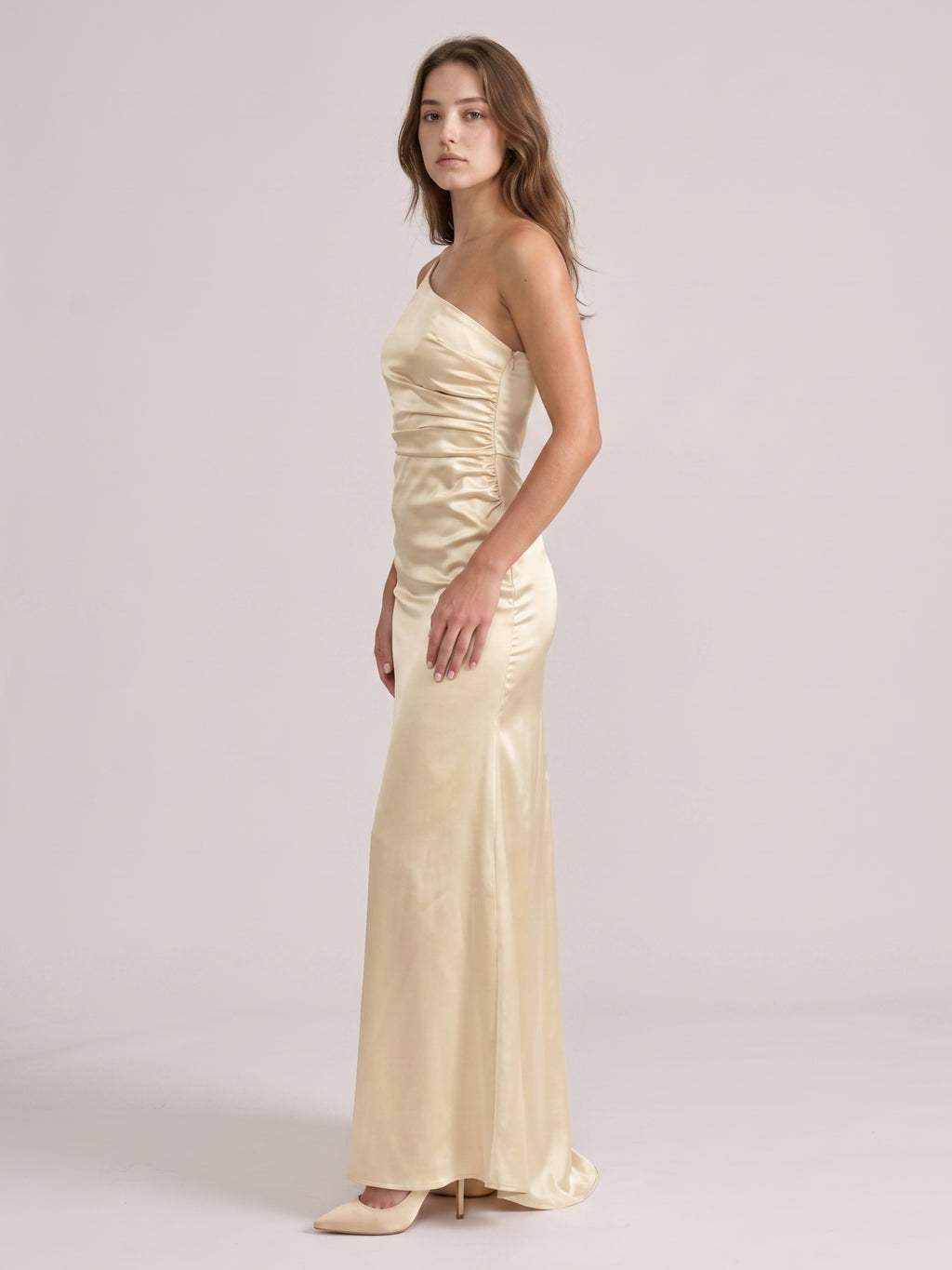 Elegant Champagne Satin Sheath One Shoulder Back Zip Ankle-Length Bridesmaid Dress