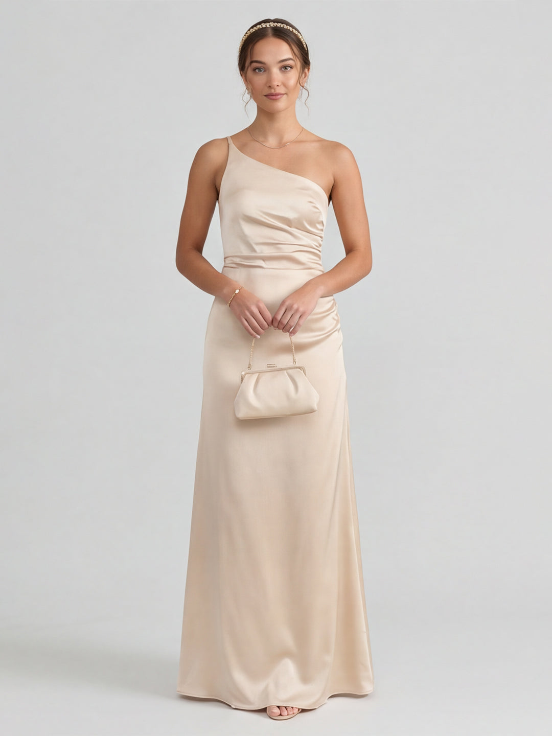 Elegant Champagne Satin Sheath One Shoulder Back Zip Ankle-Length Bridesmaid Dress