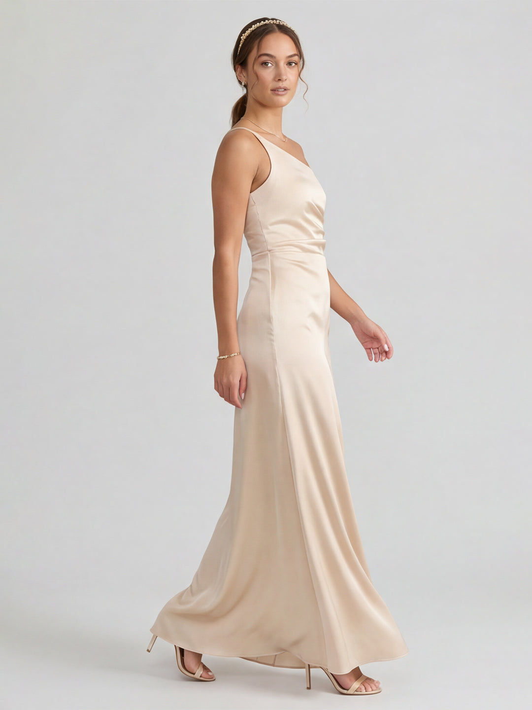 Elegant Champagne Satin Sheath One Shoulder Back Zip Ankle-Length Bridesmaid Dress
