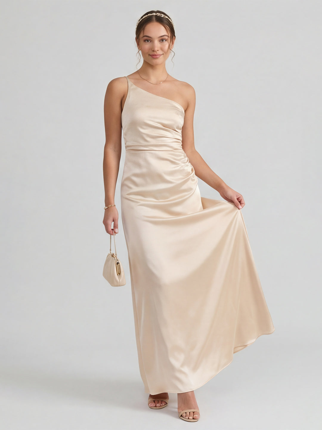 Elegant Champagne Satin Sheath One Shoulder Back Zip Ankle-Length Bridesmaid Dress