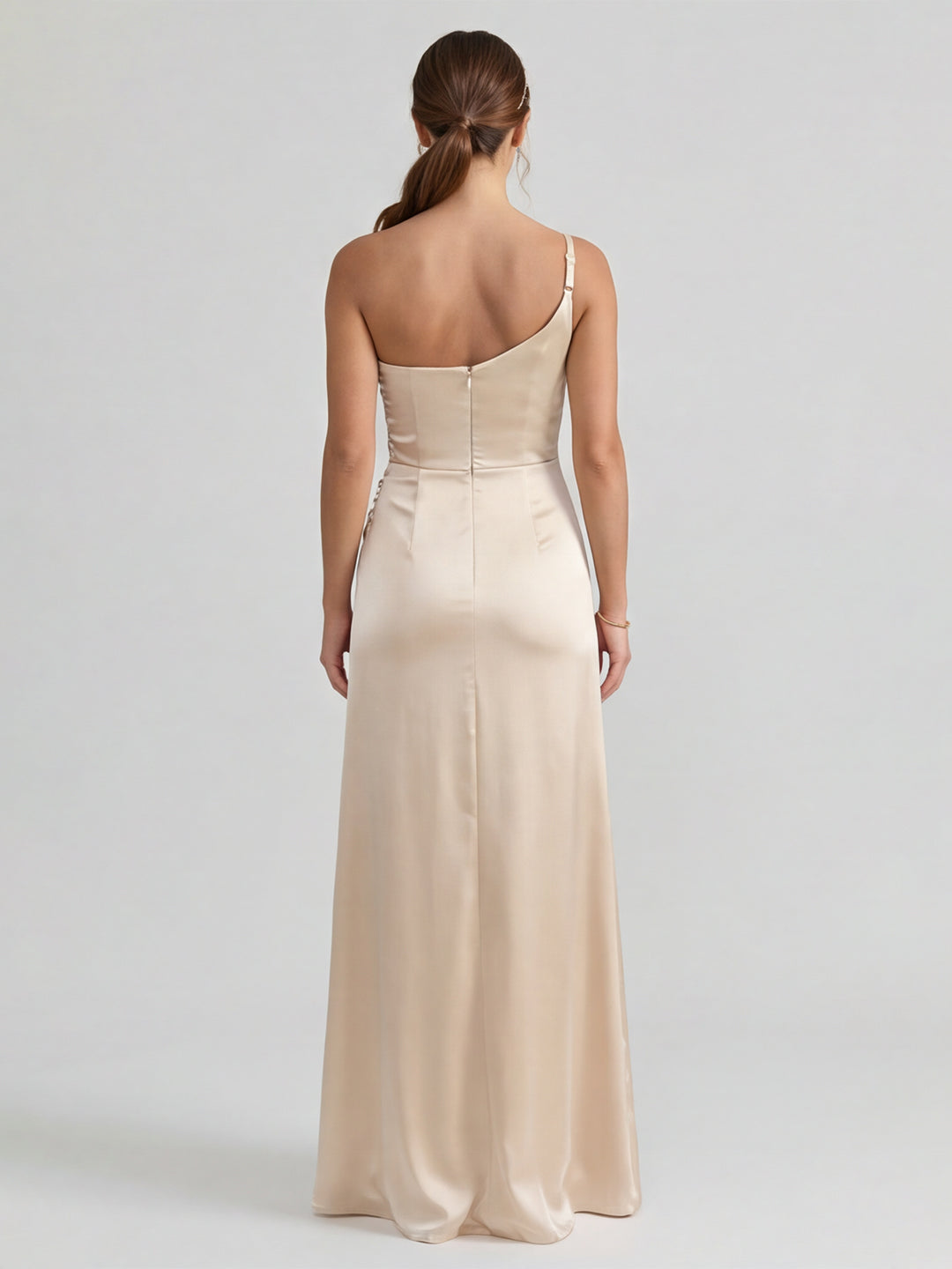 Elegant Champagne Satin Sheath One Shoulder Back Zip Ankle-Length Bridesmaid Dress
