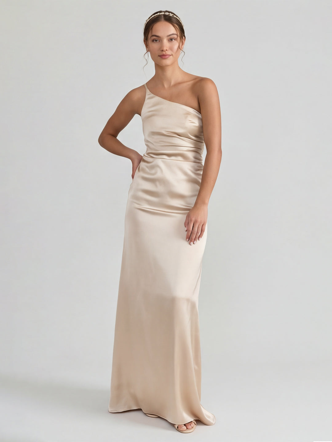 Elegant Champagne Satin Sheath One Shoulder Back Zip Ankle-Length Bridesmaid Dress
