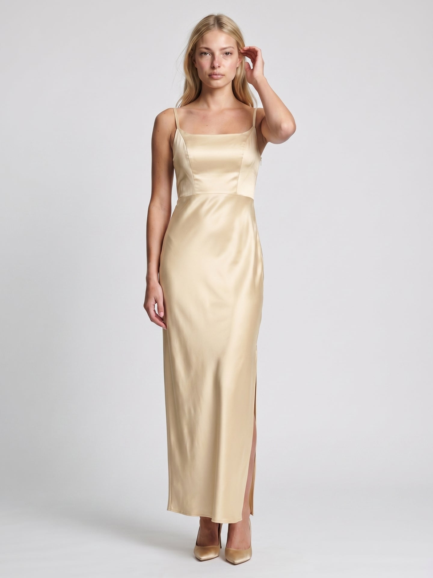 Elegant Champagne Satin Sheath square neck Backless Ankle-Length Bridesmaid Dress