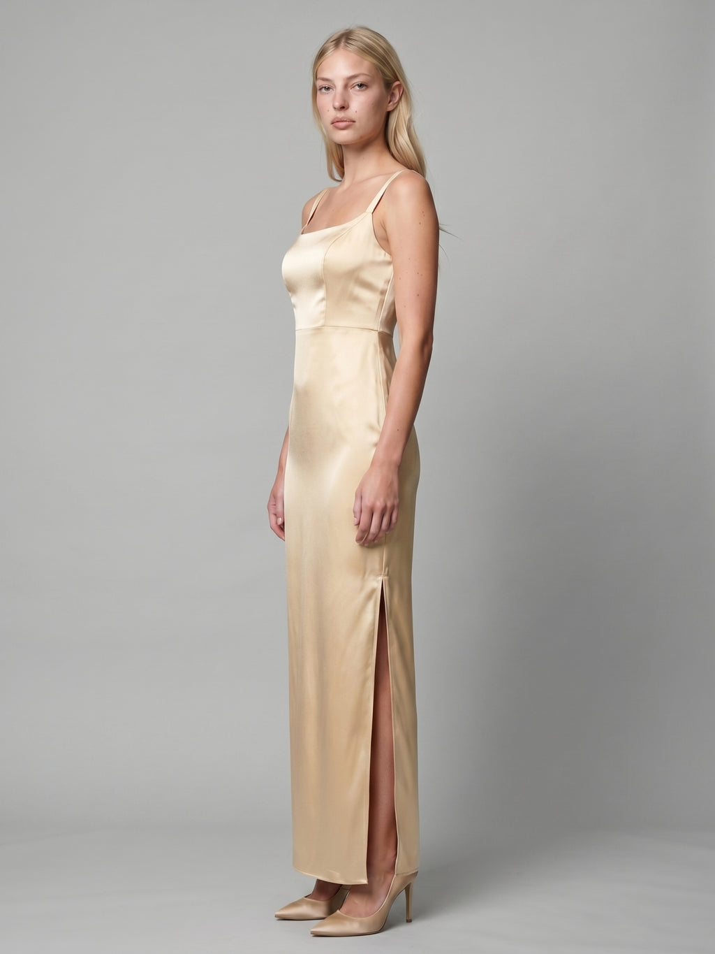 Elegant Champagne Satin Sheath square neck Backless Ankle-Length Bridesmaid Dress