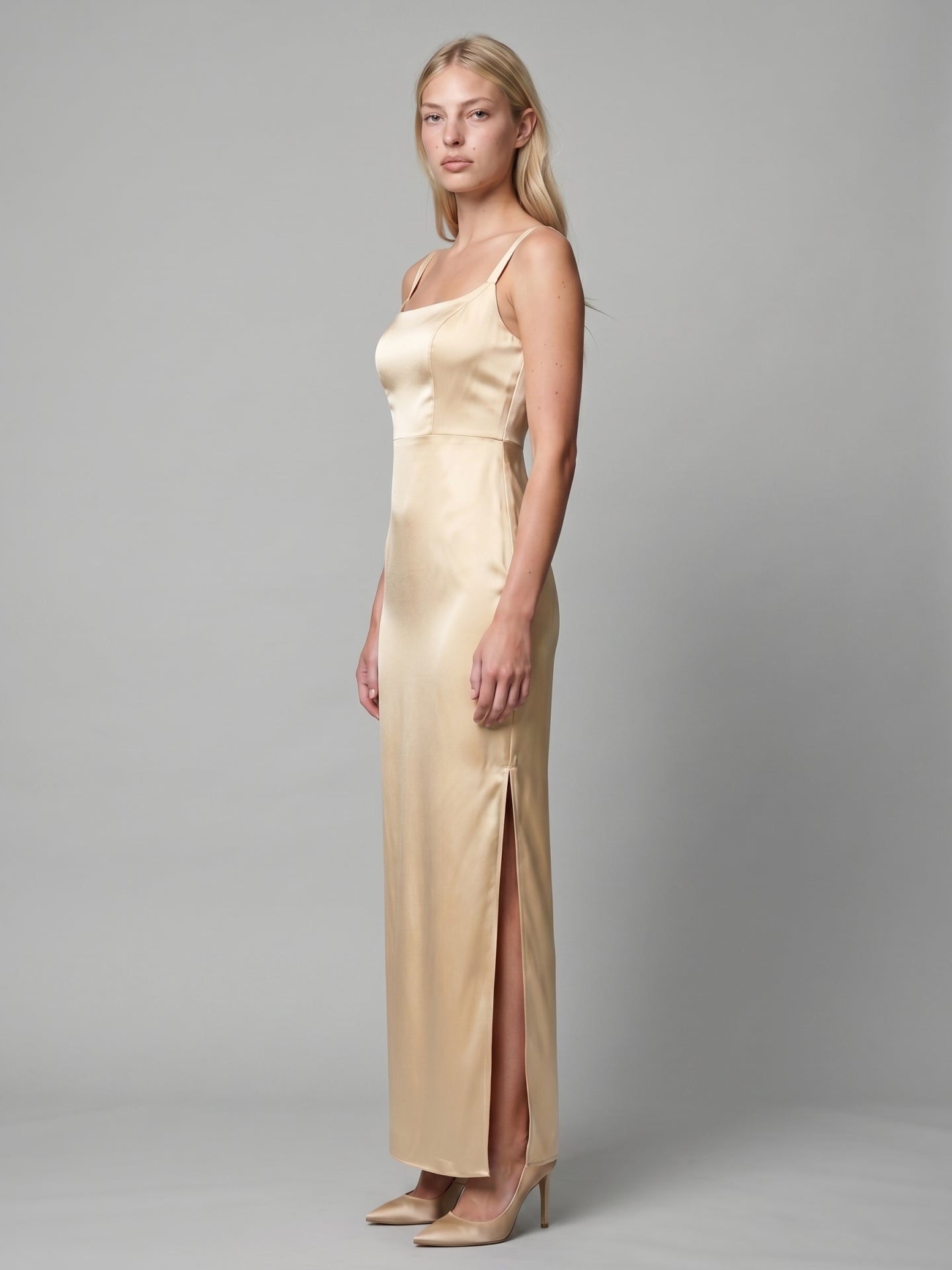 Elegant Champagne Satin Sheath square neck Backless Ankle-Length Bridesmaid Dress