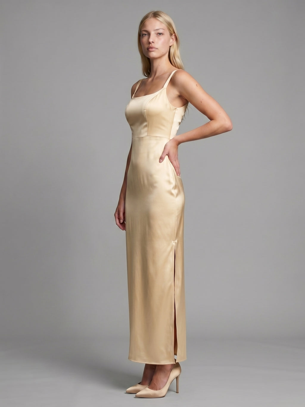 Elegant Champagne Satin Sheath square neck Backless Ankle-Length Bridesmaid Dress