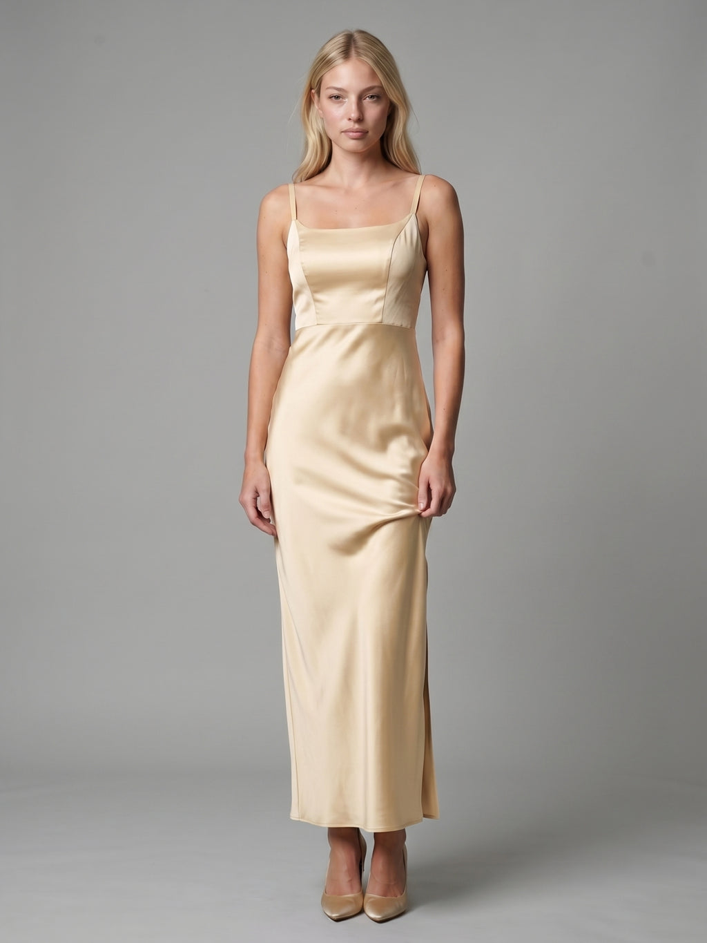 Elegant Champagne Satin Sheath square neck Backless Ankle-Length Bridesmaid Dress