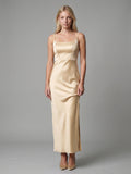 Elegant Champagne Satin Sheath square neck Backless Ankle-Length Bridesmaid Dress