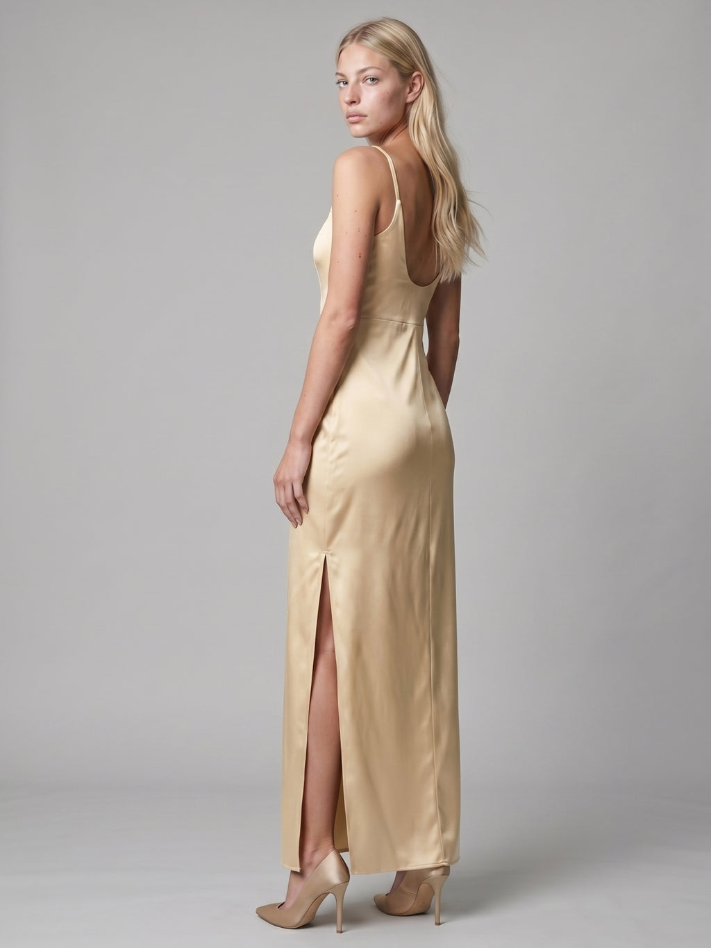 Elegant Champagne Satin Sheath square neck Backless Ankle-Length Bridesmaid Dress