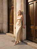 Elegant Champagne Satin Sheath square neck Backless Ankle-Length Bridesmaid Dress