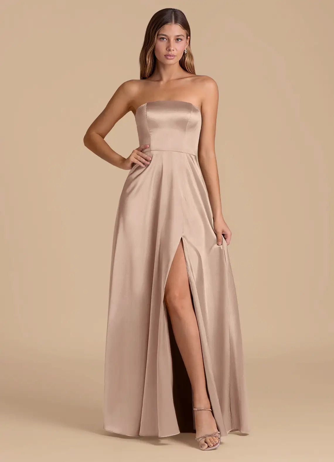 Elegant Champagne Satin Strapless Bridesmaid Dress with High Slit and Flowy A-Line Skirt