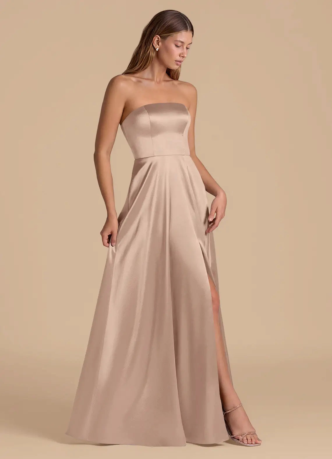 Elegant Champagne Satin Strapless Bridesmaid Dress with High Slit and Flowy A-Line Skirt