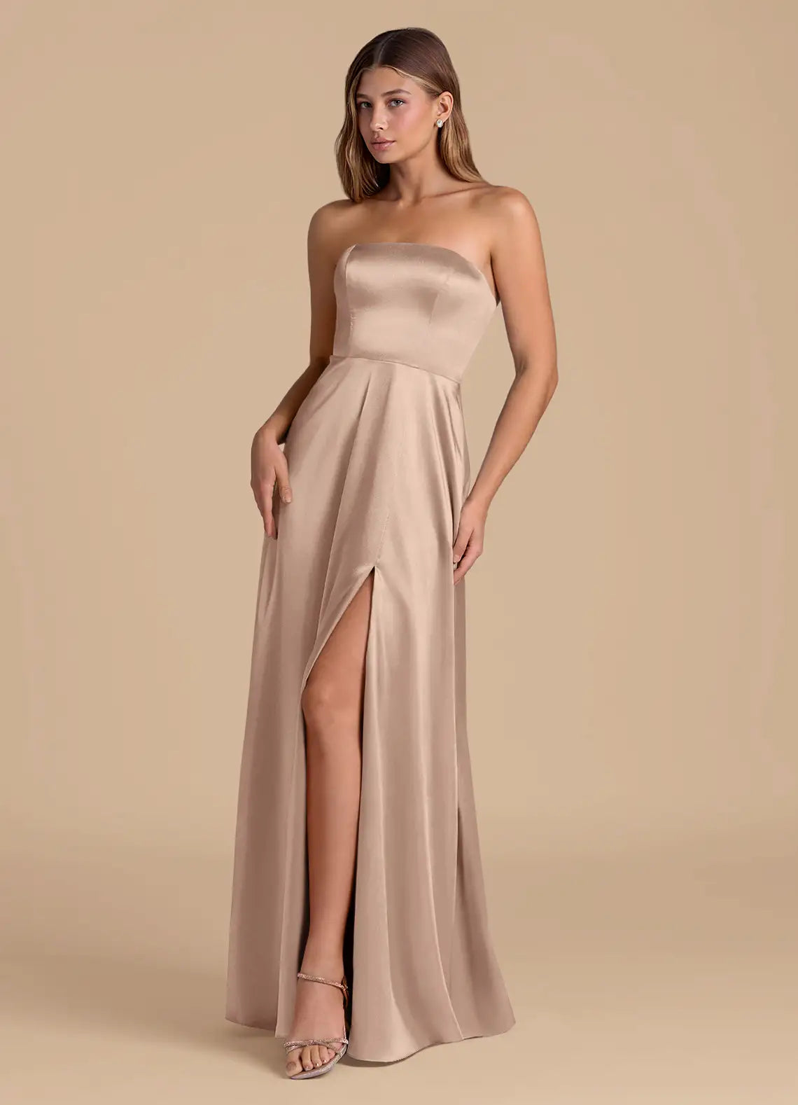 Elegant Champagne Satin Strapless Bridesmaid Dress with High Slit and Flowy A-Line Skirt