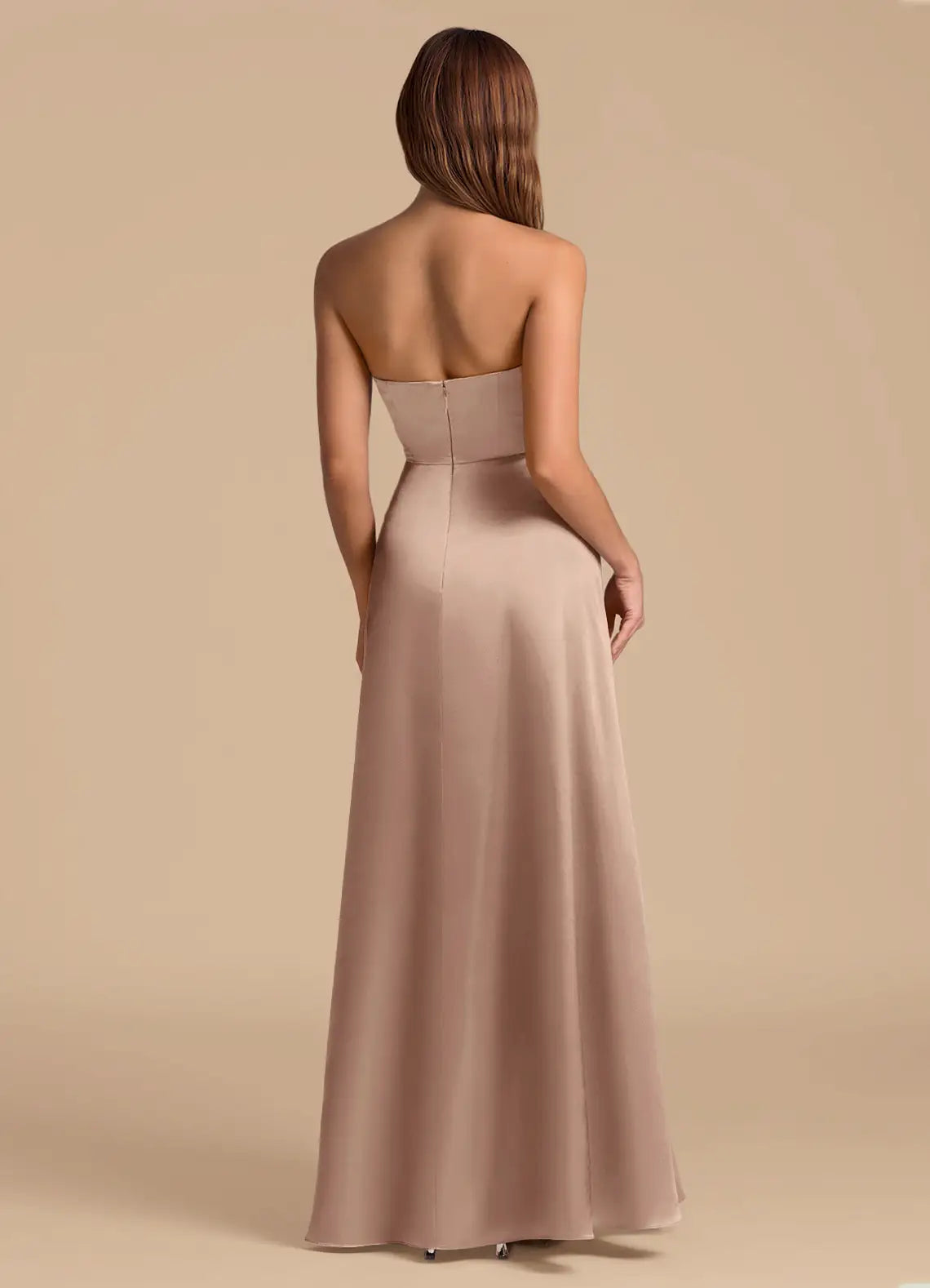 Elegant Champagne Satin Strapless Bridesmaid Dress with High Slit and Flowy A-Line Skirt