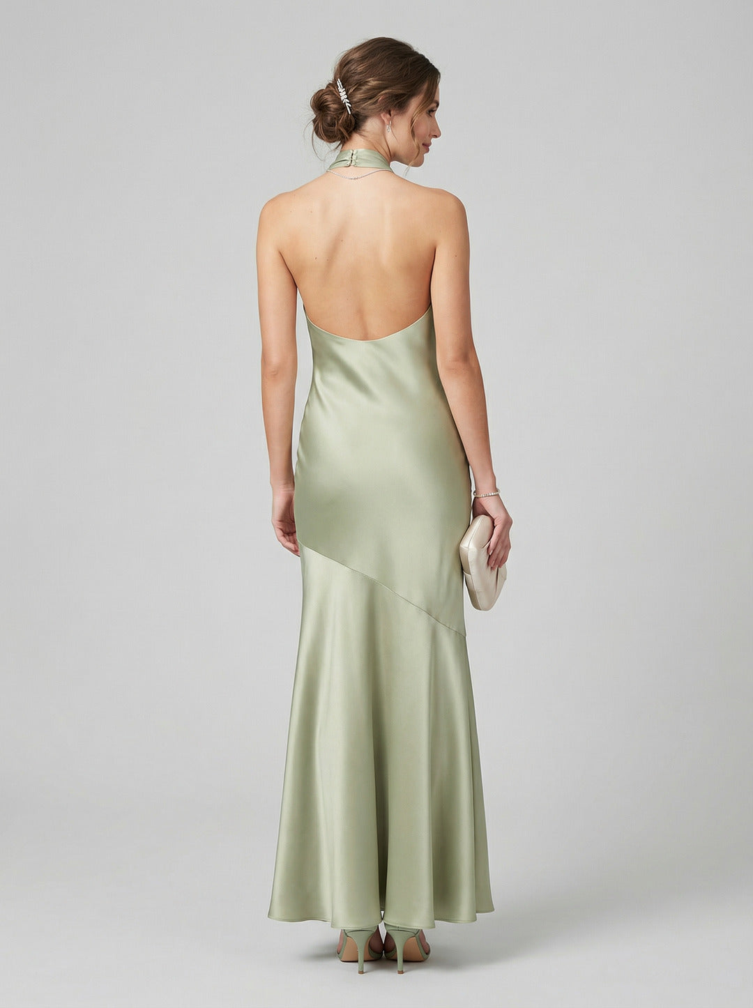 Elegant Champagne Matte Satin mermaid Halter neckline Backless Ankle-Length Bridesmaid Dress