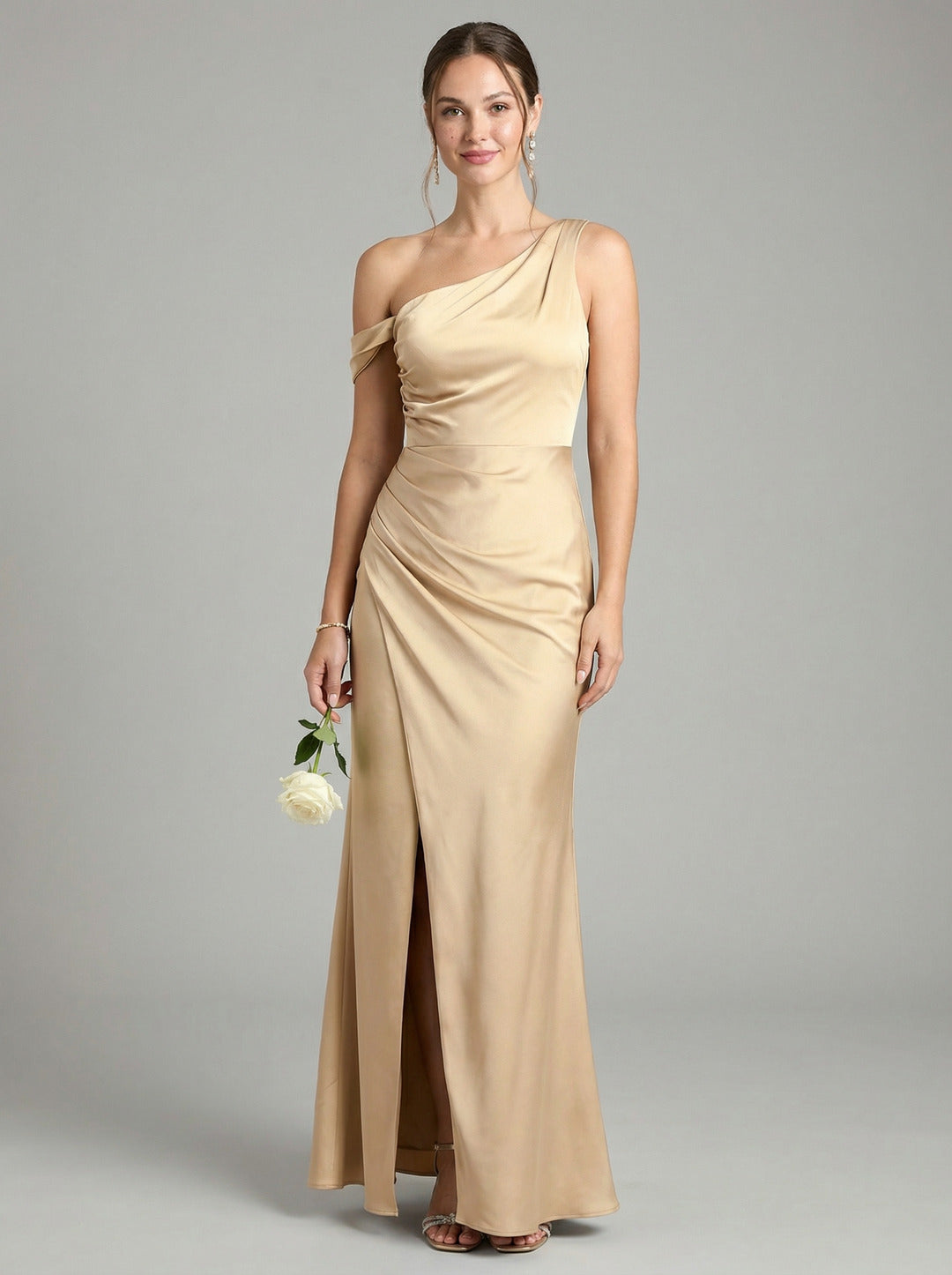 Elegant Champagne Satin column One Shoulder Backless Ankle-Length Bridesmaid Dress