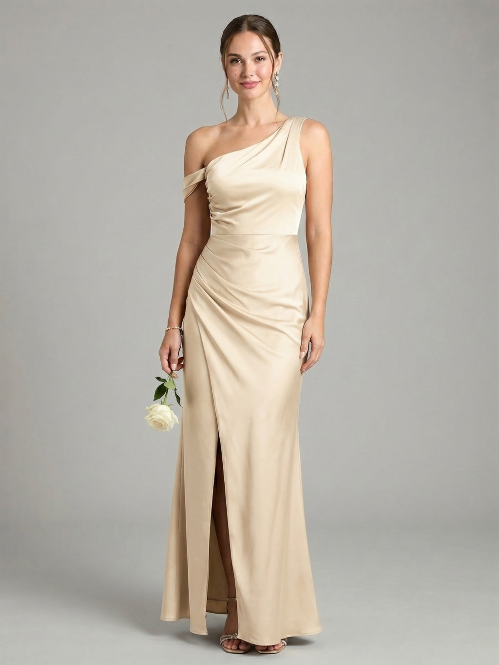Elegant Champagne Satin column One Shoulder Backless Ankle-Length Bridesmaid Dress